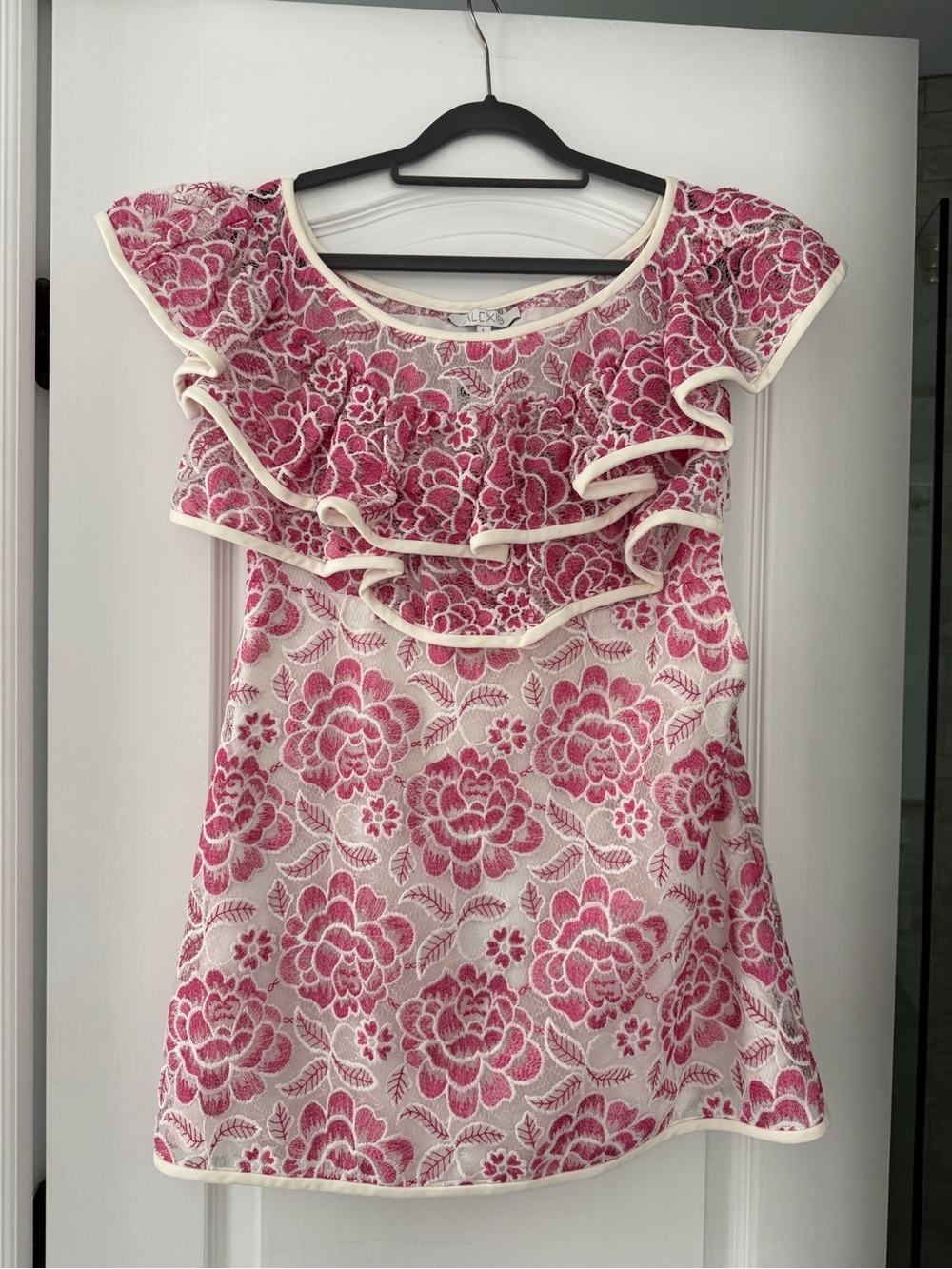 ALEXIS Paula Pink & Ivory Embroidered Off Shoulder Ruffle Dress Mini Size L NWT - Picture 2 of 8